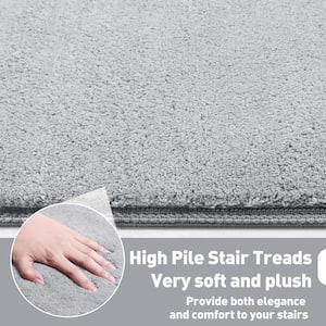 Plush Light Gray 9.5 in. x 30 in. x 1.2 in. Bullnose Polyster Carpet Stair Tread Cover Landing Mat Tape Free Set of 15