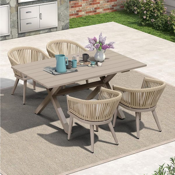 PURPLE LEAF 5-Piece Aluminum All-Weather PE Rattan Rectangular Outdoor Dining Set with Cushion, Champagne