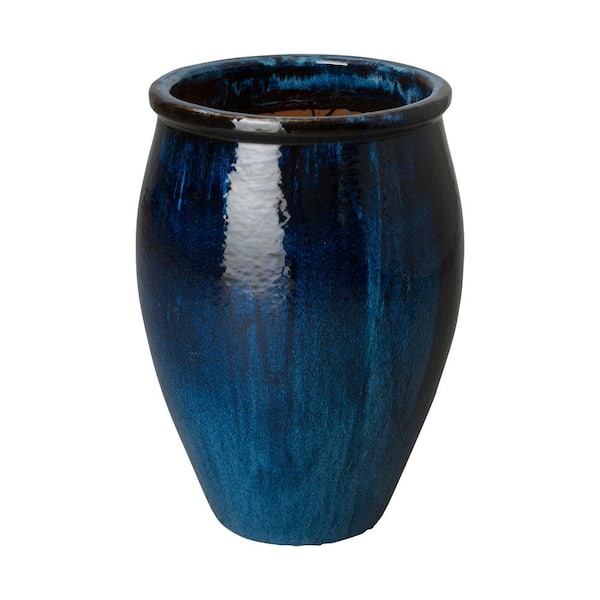 Lip 19 in. D x 27 in. H Quin Blue Ceramic Round Planter with Drainage Hole