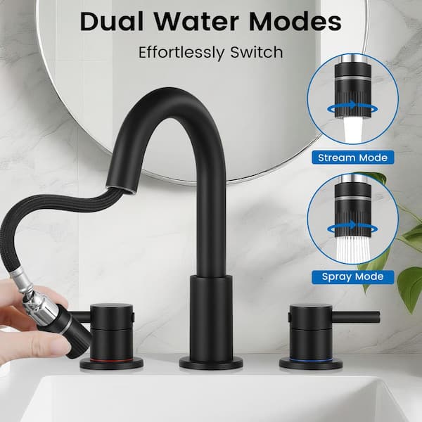 2 handle Pull down Spout 8 in. Widespread Bathroom Faucet 3 Hole Bathroom Sink Faucet in Matte Black