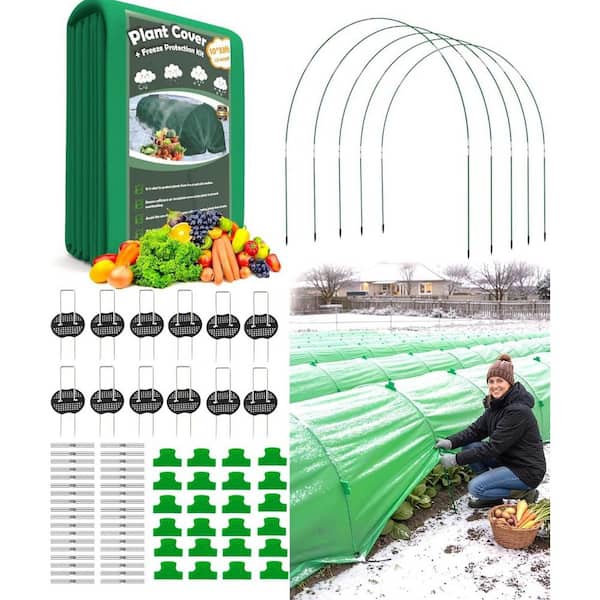 Green Fabric Plant Cover Kit with Adjustable Hoops and Frost Blanket , Reusable Garden Bed Covers (10ft L x 33ft W)