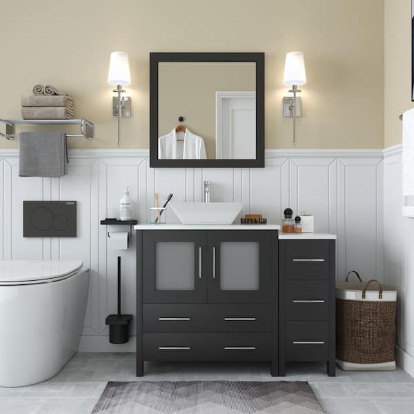Vanity Art Ravenna 42 in. W Bathroom Vanity in Espresso with Single Basin in White Engineered Marble Top and Mirror