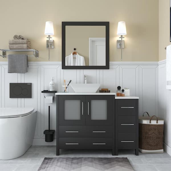 Ravenna 42 in. W Bathroom Vanity in Espresso with Single Basin in White Engineered Marble Top and Mirror