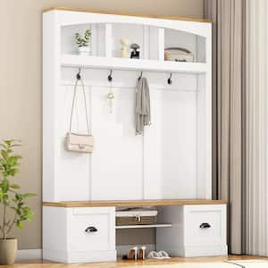 Farmhouse 4 in 1-Hall Tree with Wood Grain Bench and Top, with Black Hooks and Shell Handles, Adjustable Shelves, White