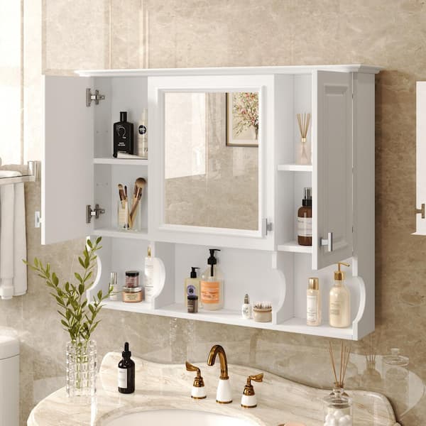 EPOWP 35 in. W x 28.7 in. H Rectangular White MDF Surface Mount Medicine Cabinet with Mirror and Open Shelves