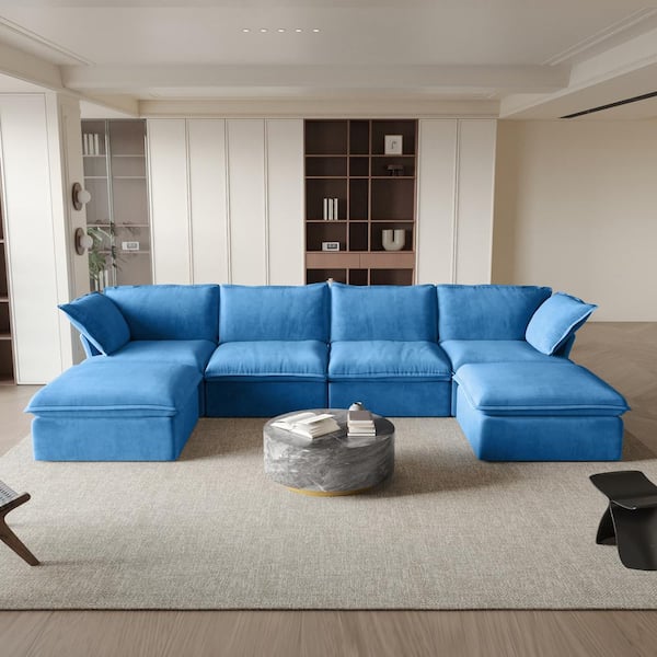 J&E Home 162.9 in. Flared Arm 6-Piece Linen Down-Filled Deep Seat Free Combination Modular Sectional Sofa with Ottoman in. Blue