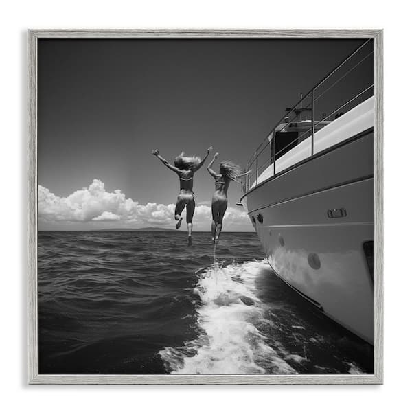Stupell Industries Jumping Into Ocean by LSR Design Studio Gray Framed People Giclee Art Print 24 in. x 24 in.