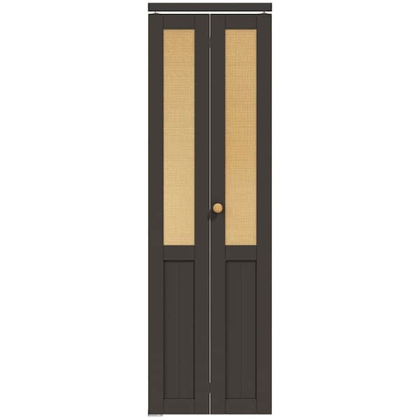 ARK DESIGN 24 in. x 80 in. Half Paneled Solid Core Black Finished MDF Wood and Imitated Rattan Weaving Bi-Fold Door with Hardware