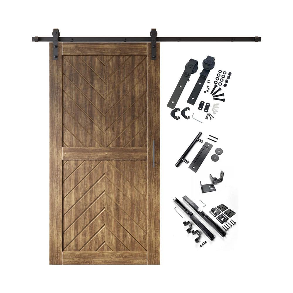 JT4 32 in. x 80 in. C-Panel Dark Walnut Fishbone Design Solid Pine Wood Sliding Barn Door with Hardware Kit price history on PriceWatchPro