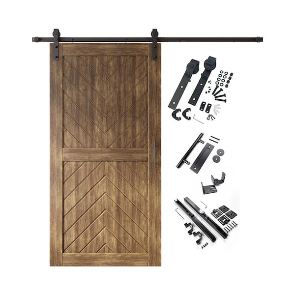 JT4 32 in. x 80 in. C-Panel Dark Walnut Fishbone Design Solid Pine Wood Sliding Barn Door with Hardware Kit