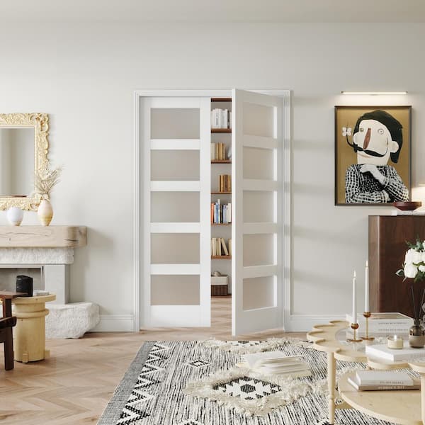 48 in. W. x 80 in. Double 24 in. Doors MDF Wood White, 5-Panel, Frosted Glass, Pantry Door Panels Slab Sliding Door