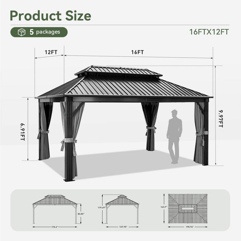 12' x 16' Galvanized Iron and Aluminum Hardtop Gazebo with Curtain and Netting