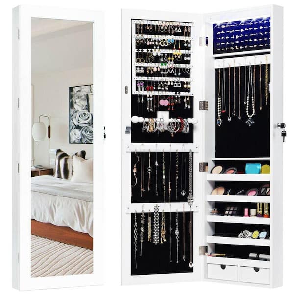 14.5 in. x 47.5 in. White Wall Mounted Lockable MDF Jewelry Armoire Organizer Box Cabinet with Full-Length Mirror