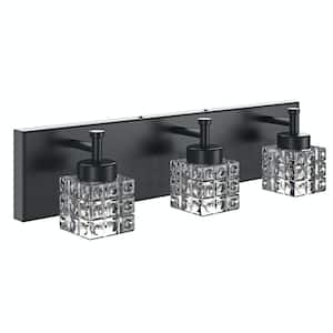 19.7 in. 3-Light Dimmable Black Bathroom Vanity Light with Crystal Glass Shades