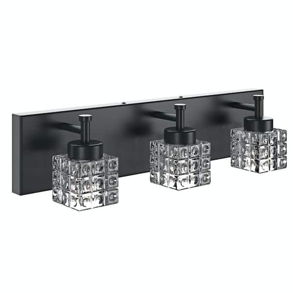 aiwen 19.7 in. 3-Light Dimmable Black Bathroom Vanity Light with Crystal Glass Shades