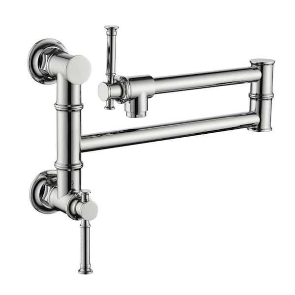 Modern Brass Pot Filler Two-Attachment Wall Mount Folding Kitchen Pot Filler Swing Arm in Chrome