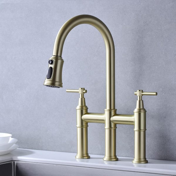 FLG Double Handle Bridge Kitchen Faucet with Pull Down Sprayer
