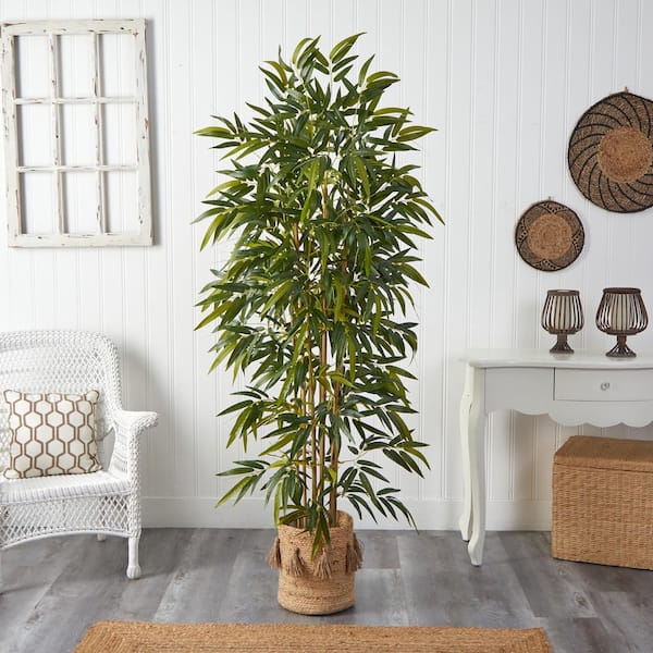 Nearly Natural 75 in. Green Bamboo Artificial Tree in Handmade Natural Jute Planter with Tassels