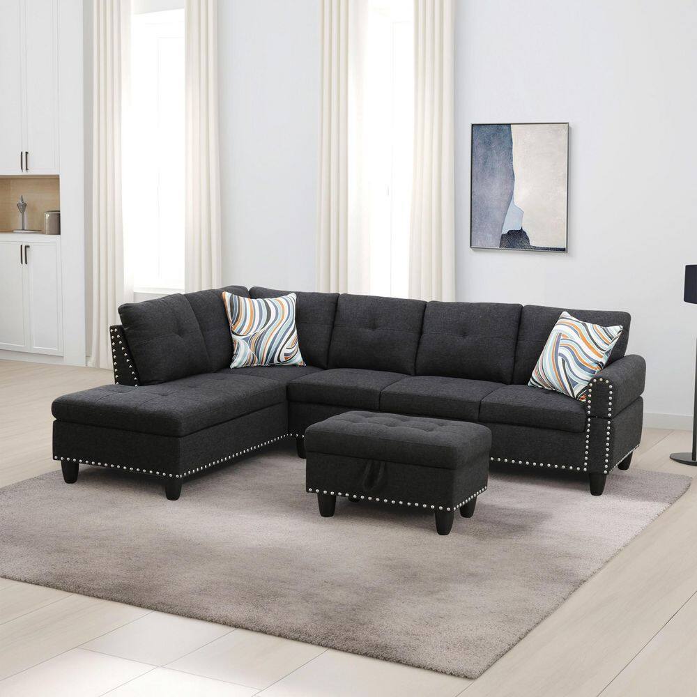 29.1 in. W Deep Gray Linen Rectangle Ottoman with Storage