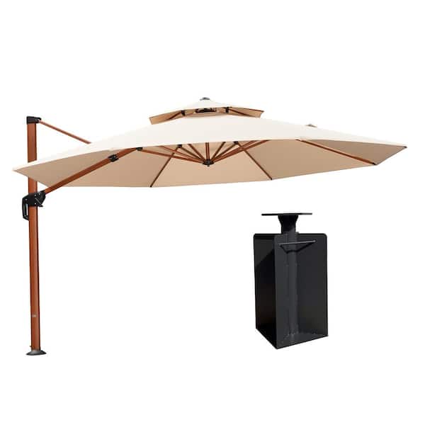 PURPLE LEAF 13 ft. Octagon High-Quality Wood Pattern Aluminum Cantilever Polyester Patio Umbrella with Base in Ground, Beige