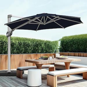 12 ft. Aluminum Patio Offset Umbrella Outdoor Cantilever Umbrella, 360° Rotation Device And Cross Base in Navy Blue