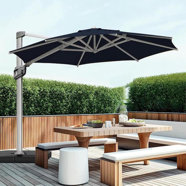 PASAMIC 12 ft. Aluminum Patio Offset Umbrella Outdoor Cantilever Umbrella, 360° Rotation Device And Cross Base in Navy Blue