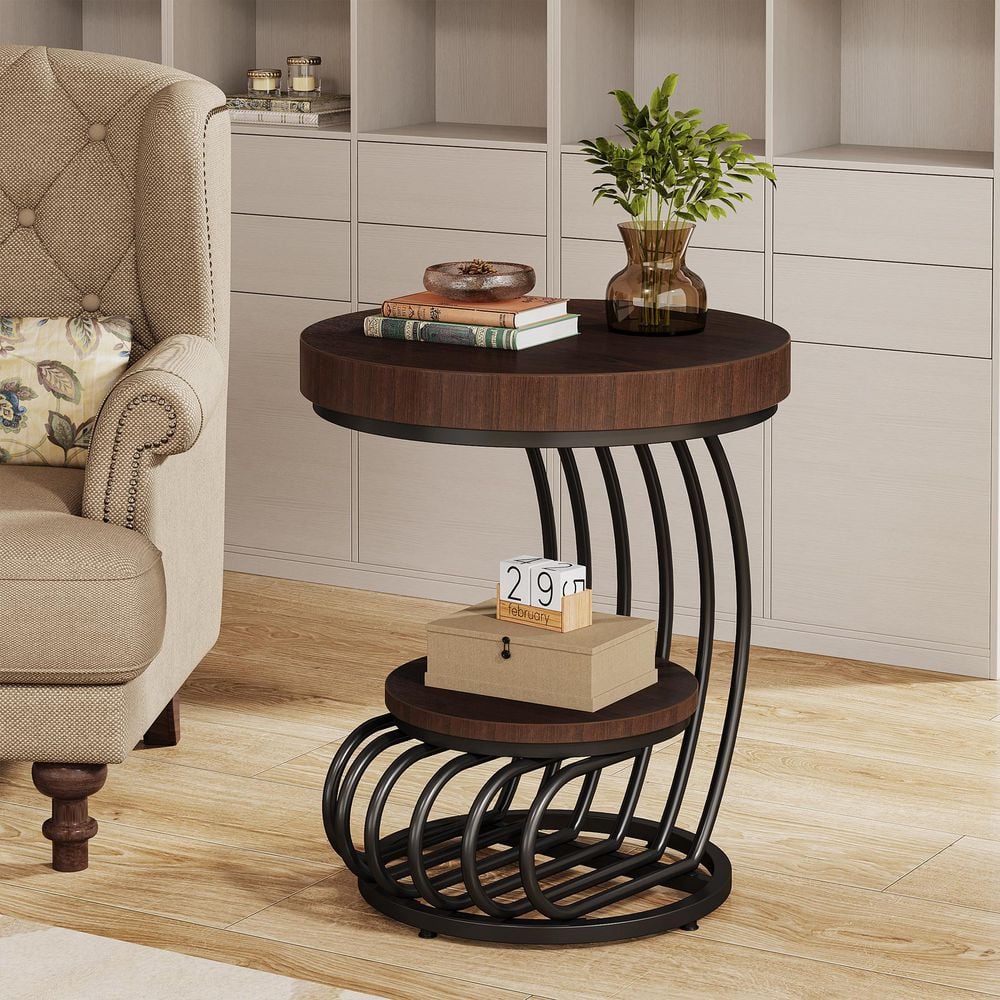 Kerlin 19.68 in. Gray Round Wood End Side Tables Living Room