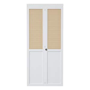 36 in. x 80.5 in. Paneled Solid Core White Finished  Wood and Imitated Rattan Weaving Bi-Fold Door with Hardware