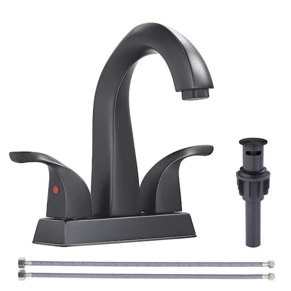 IVIGA 4 in. Centerset 2-Handle High Arc Vintage Gooseneck Bathroom Faucet with Drain Kit and Supply Lines Included in Black