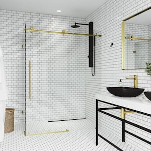 Elan E-Class 34 in. L x 46 in. W x 76 in. H Frameless Sliding Rectangle Shower Enclosure in Matte Gold with Clear Glass