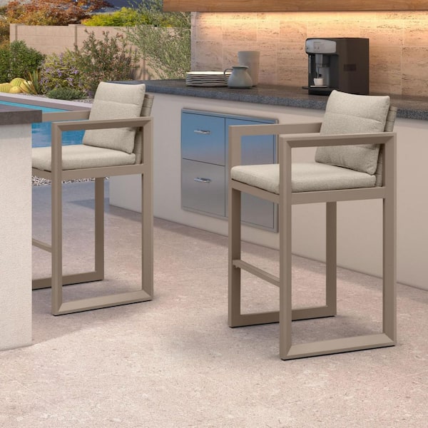30 in. Modern Aluminum Outdoor Bar Stool with Stainless Removable Cushion for Kitchen/Backyard Island (2-Pack), Khaki