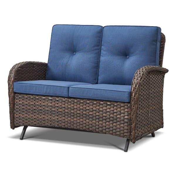 2-Person Wicker Patio Outdoor Glider with CushionGuard Blue Cushions