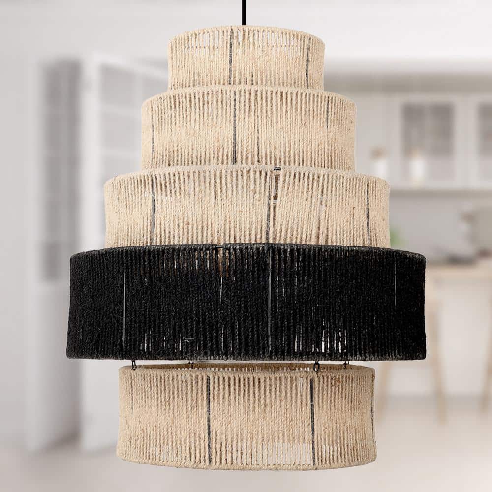 Tiered Natural and Black Jute Drum Pendant Light