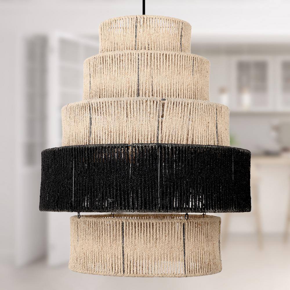 Tiered Natural and Black Jute Drum Pendant Light