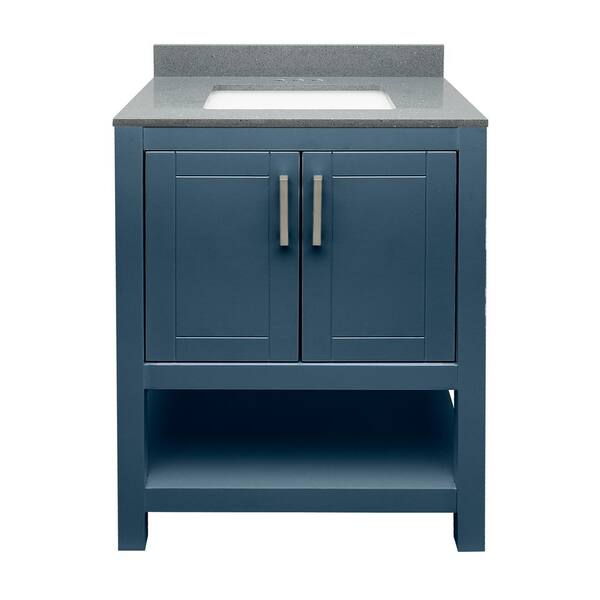 Amluxx Tufino 25 in. W x 19 in. D x 36 in. H Bath Vanity in Navy Blue with Quartz Stone Vanity Top in Galaxy Gray