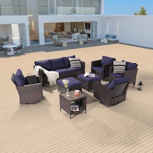 8-Piece Patio Sofa Set Brown Wicker Outdoor Furniture Set Swivel Rocking Sofa, Navy Blue Cushions