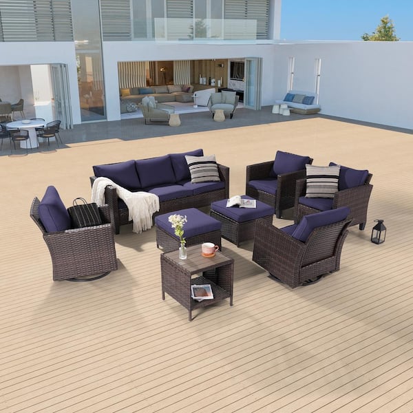Sonkuki 8-Piece Patio Sofa Set Brown Wicker Outdoor Furniture Set Swivel Rocking Sofa, Navy Blue Cushions