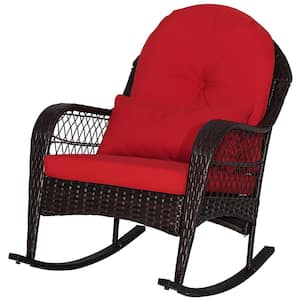 Wicker Outdoor Rocking Chair with Red Seat Back Cushions and Lumbar Pillow Balcony Patio