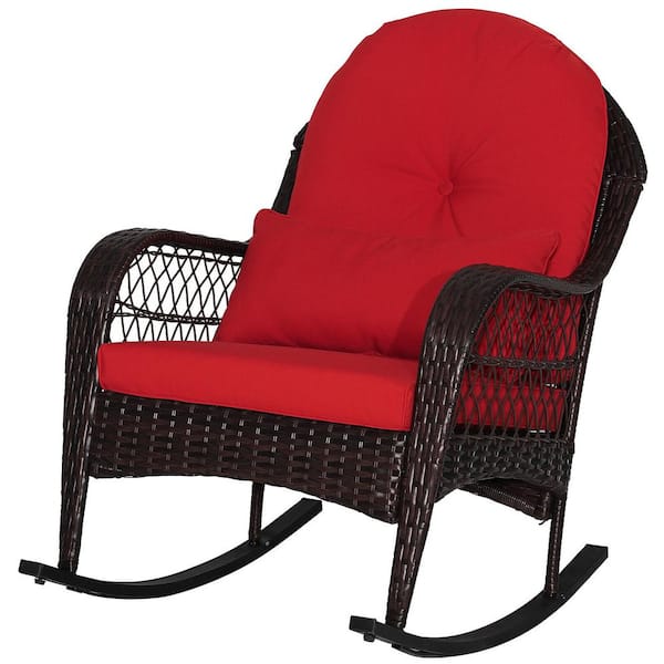 Gymax Wicker Outdoor Rocking Chair with Red Seat Back Cushions and Lumbar Pillow Balcony Patio