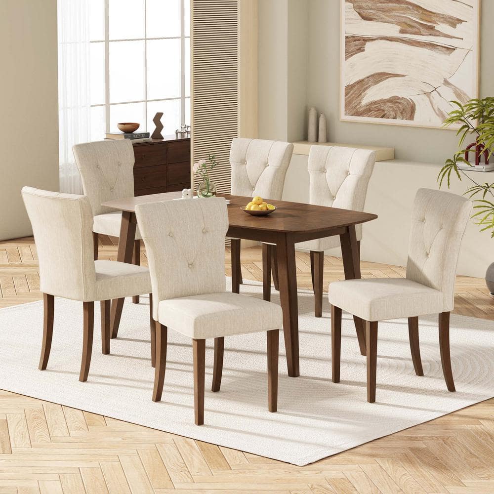 2-Piece Brown Outdoor Wood Dining Chair with Cream Cushions for Living Room
