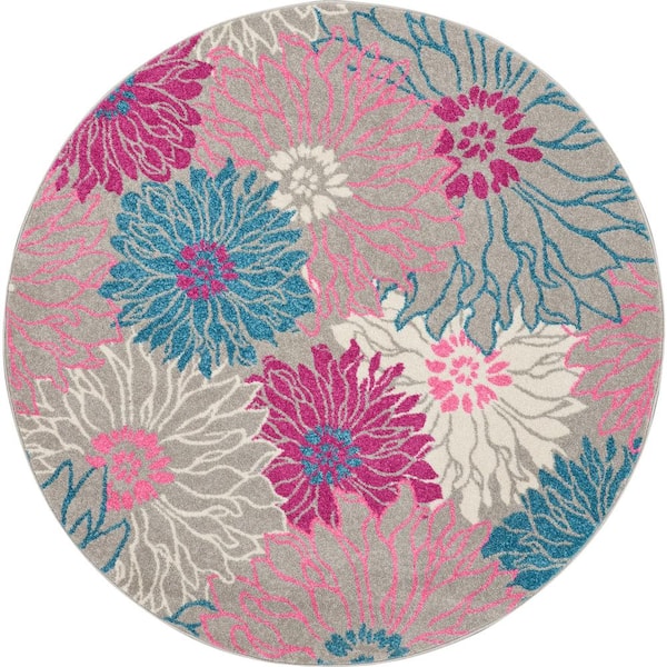 Nourison Passion Grey 4 ft. x 4 ft. Floral Contemporary Round Rug