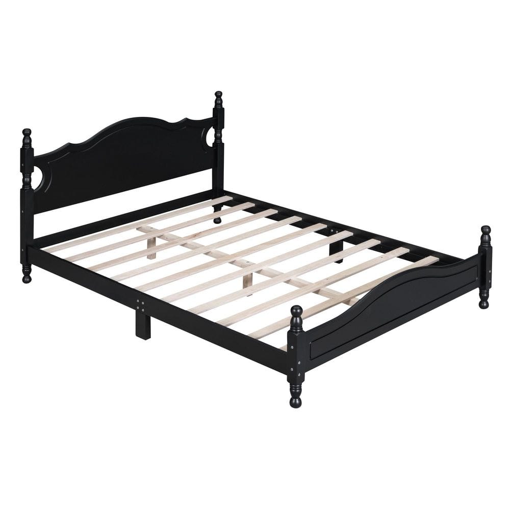 Black wood platform bed with a curved headboard and footboard and natural wood slats.
