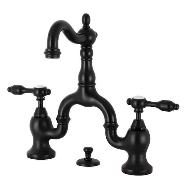 Kingston Brass Tudor Bridge 8 in. Widespread 2-Handle Bathroom Faucet with Brass Pop-Up in Matte Black