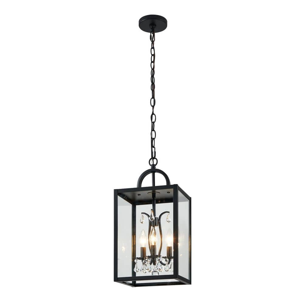 14.3 in. 3-Light Black Hardwired Lantern Outdoor Pendant Light with Clear Tempered Glass and Crystal Drop Accents price history on PriceWatchPro