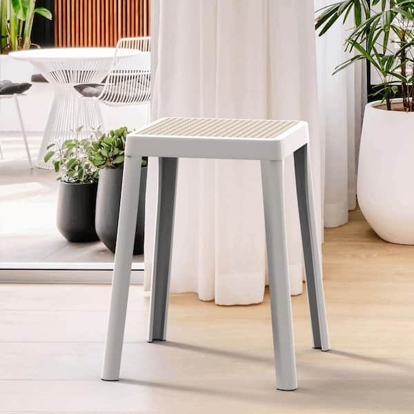 Tresse 18 in. Stackable Square Dining Stool – Backless Wicker-Top Seat for Kitchen, Patio, Garden Set of 2 in White