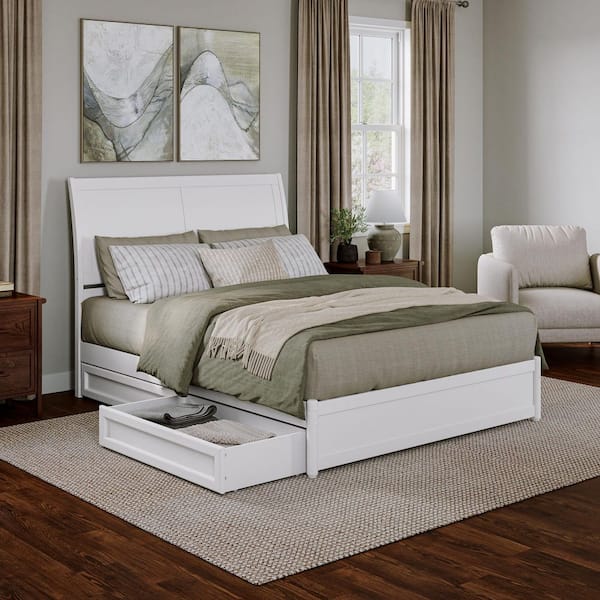 AFI Andorra White Solid Wood Frame Queen Platform Bed with Panel Footboard and Storage-Drawers