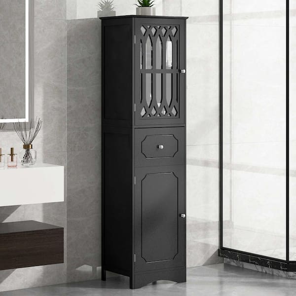 Black 63.8 in. H Accent Cabinet, Bathroom Storage Cabinet with Drawer and Doors, Adjustable Shelf