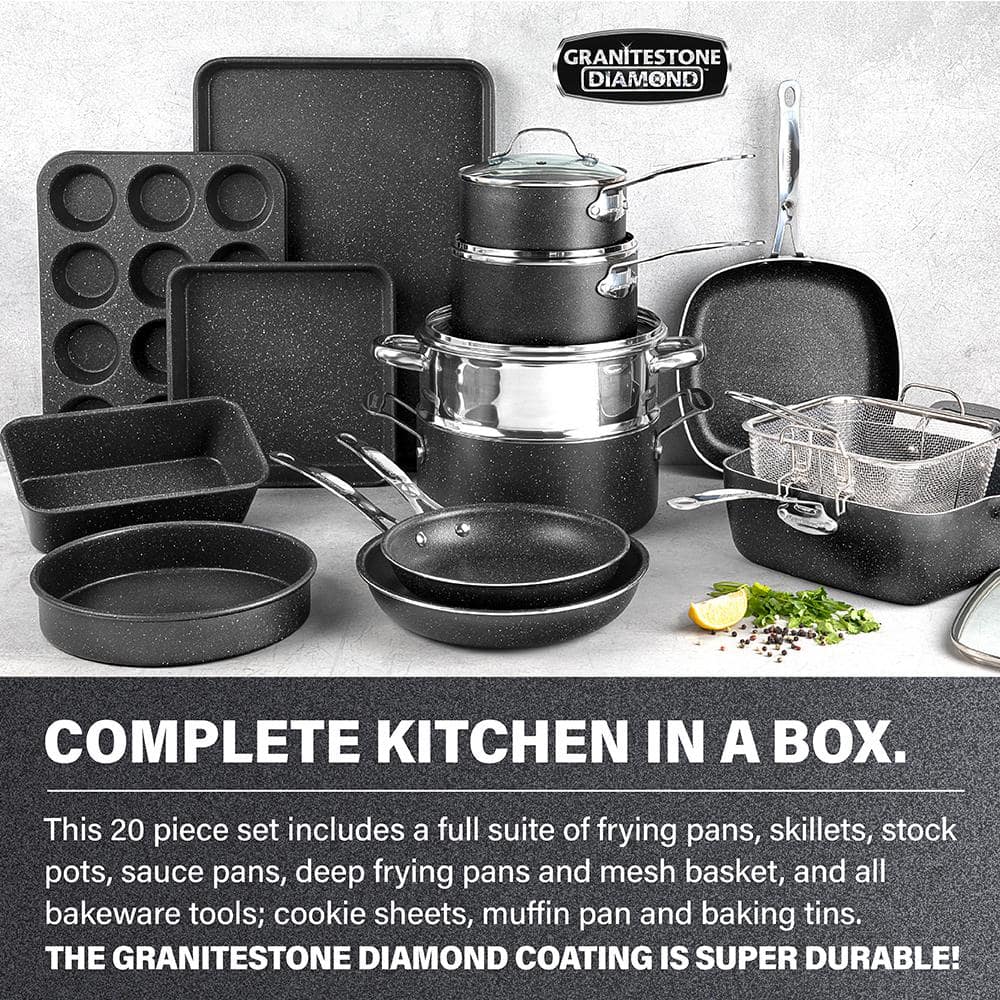 Granitestone 20-Piece Black Nonstick Aluminum Cookware and Bakeware Set
