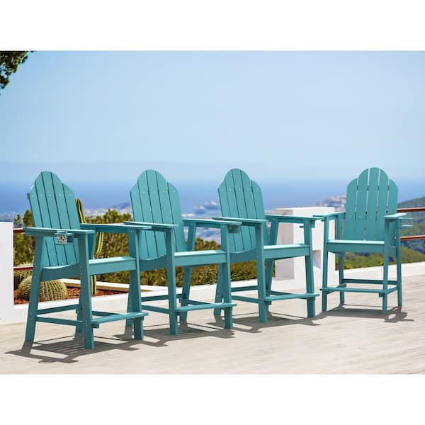 OrangeOne Hampton Lake Blue Plastic Patio Tall Adirondack Chair Weather Resistant Outdoor Bar Stool with Cup Holder (Set of 4)