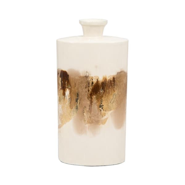 Liv & Skye 15 in. Ivory Metal Pearl and Gold Two-Tone Decorative Vase